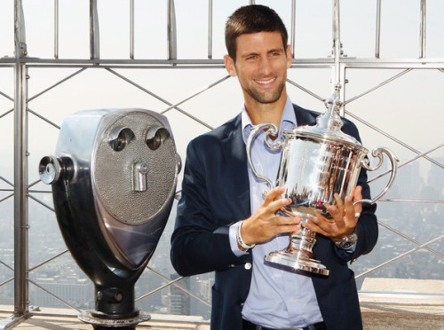 Novak Djokovic with the US Open 2011 Trophy - on top of the Empire State Building 